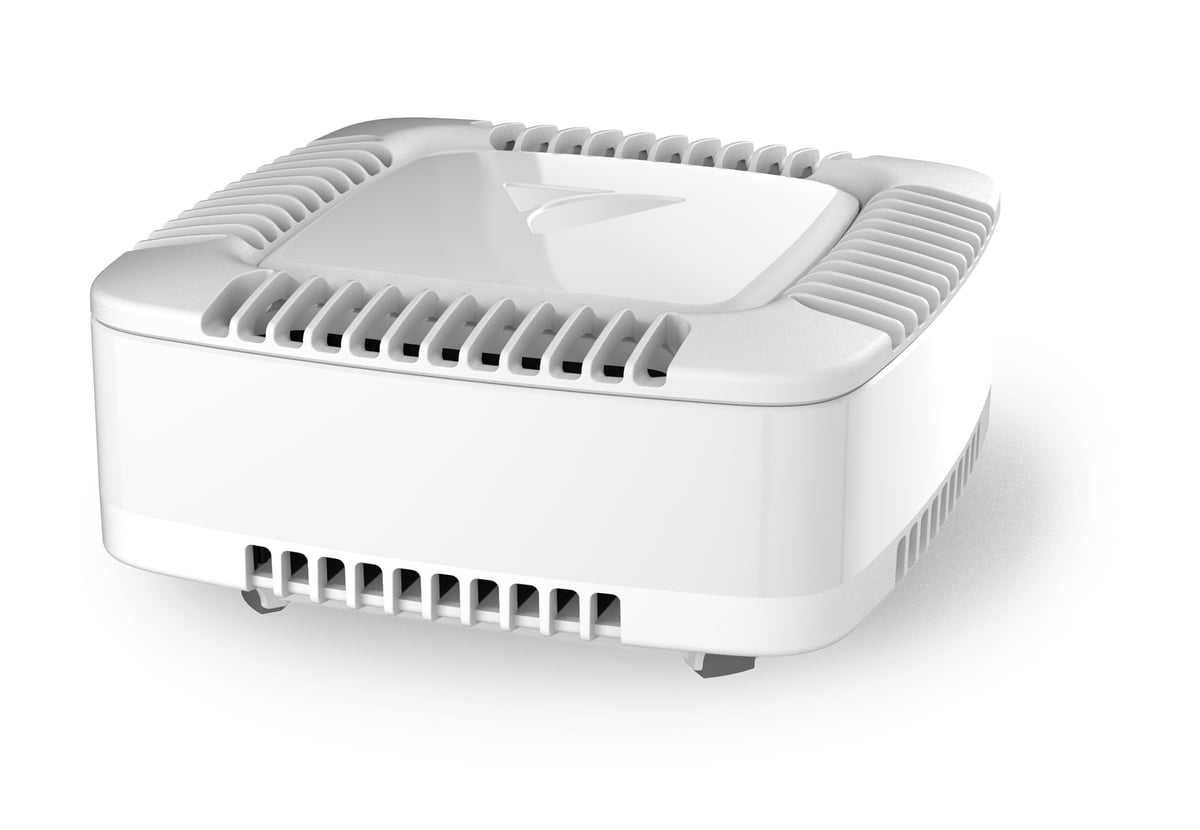 VeeaHub STAX, a hand-sized white indoor hub.
