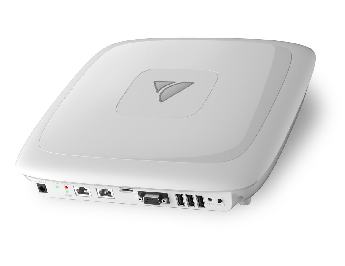 VeeaHub Pro, a white indoor hub for desk, ceiling or wall mounting.
