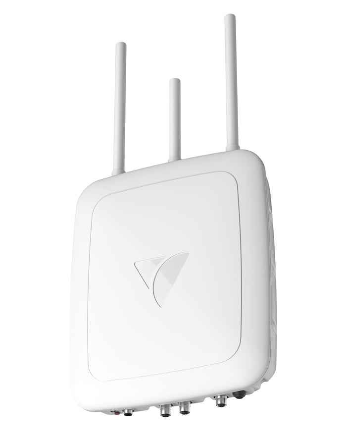VeeaHub Pro Outdoor, a sealed white hub for wall or pole mounting.