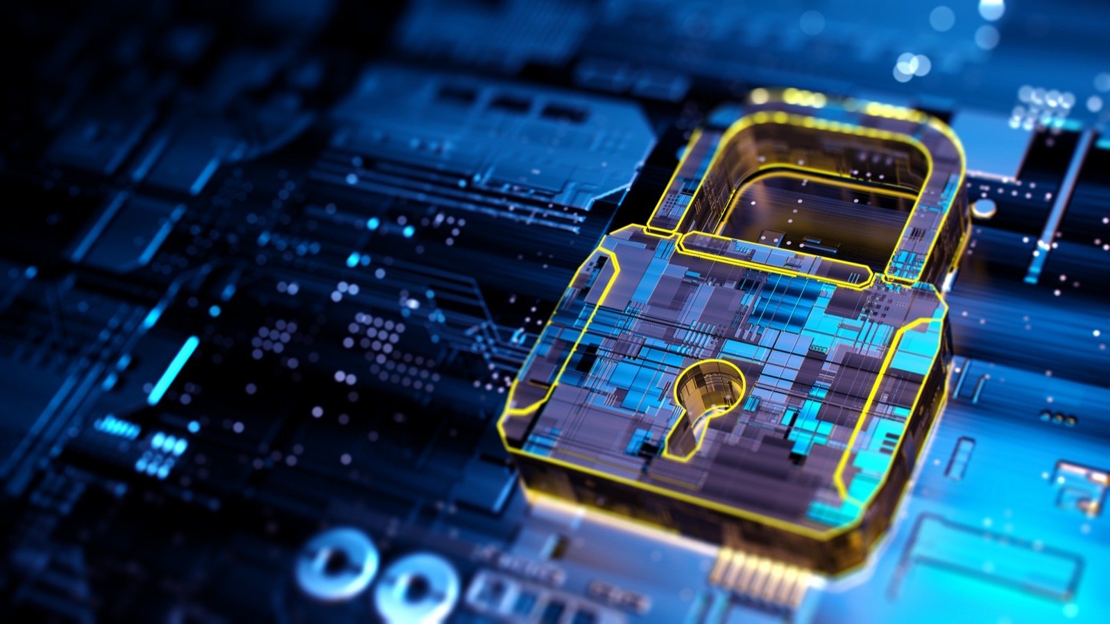 An illustrated edge compute chip with a hardware trust boundary traced in gold over a circuit board.