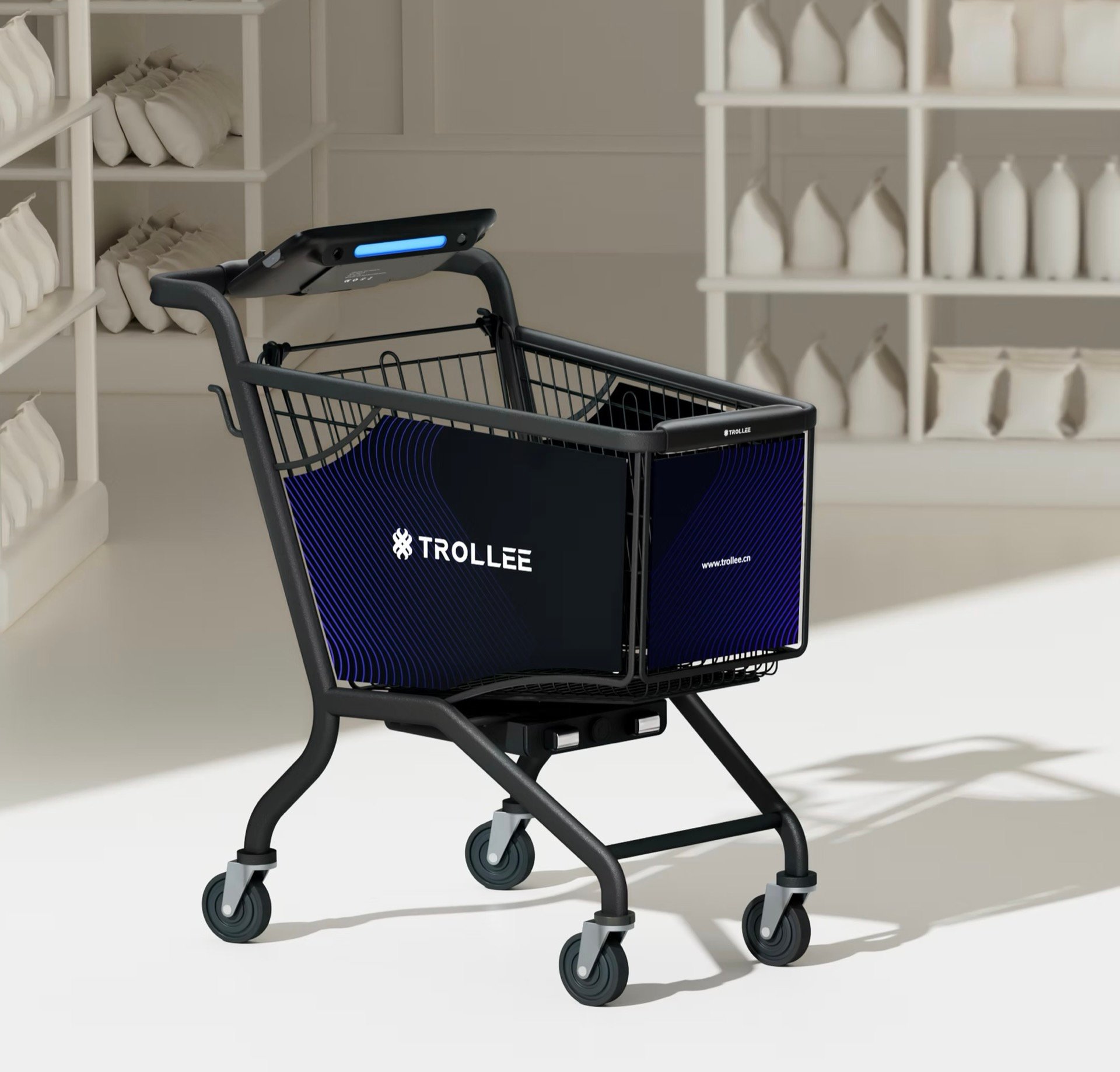 A TROLLEE smart cart on the sales floor beside the shelves it navigates.