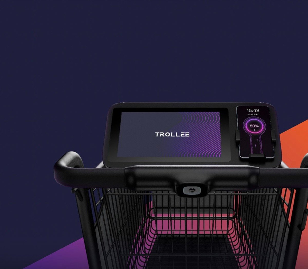 A close-up of the TROLLEE cart's shopper-facing screen and battery indicator.