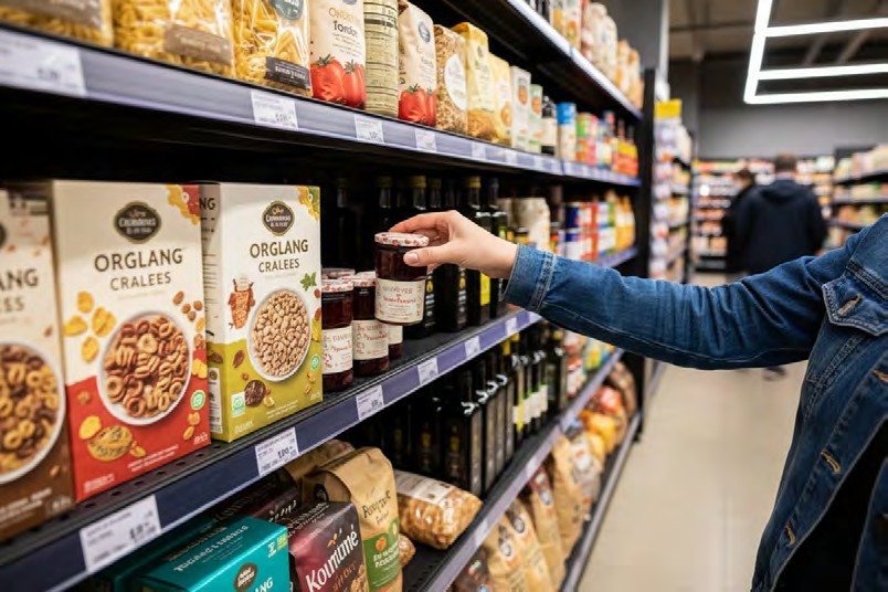 Shopper selecting products from a shelf.