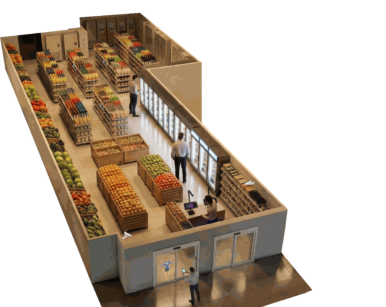 Cutaway view of an unmanned store: stocked aisles, shoppers, the checkout counter and the entrance.