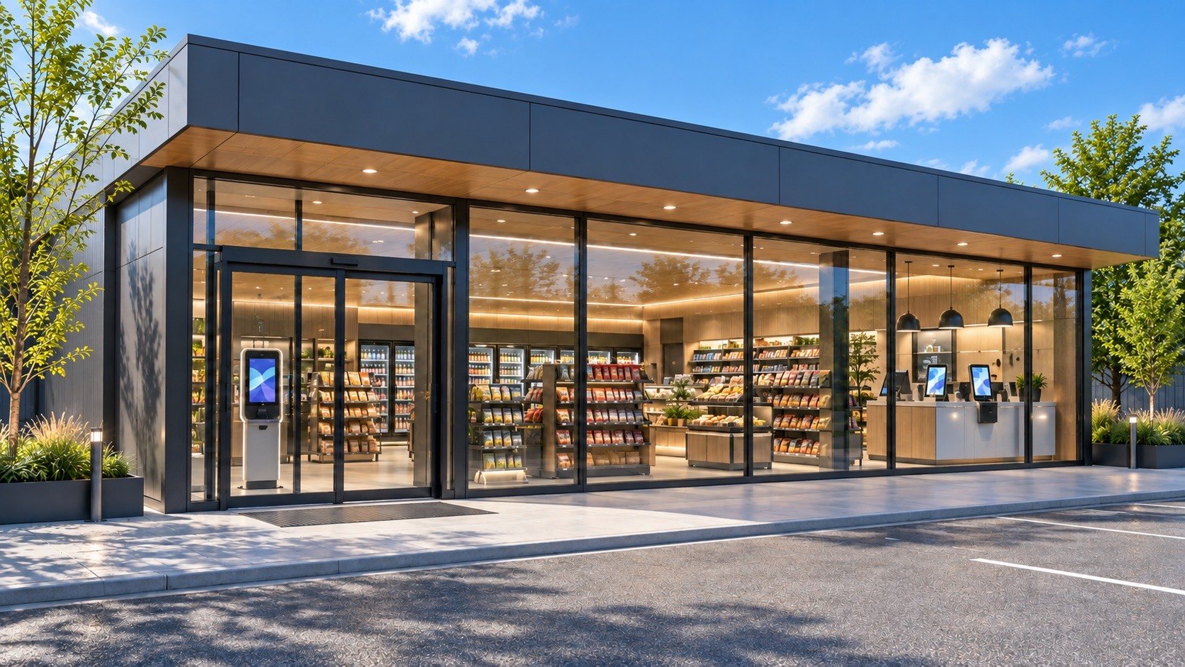 Convenience store in bright daytime sunshine, with blue sky and sunlit pavement.