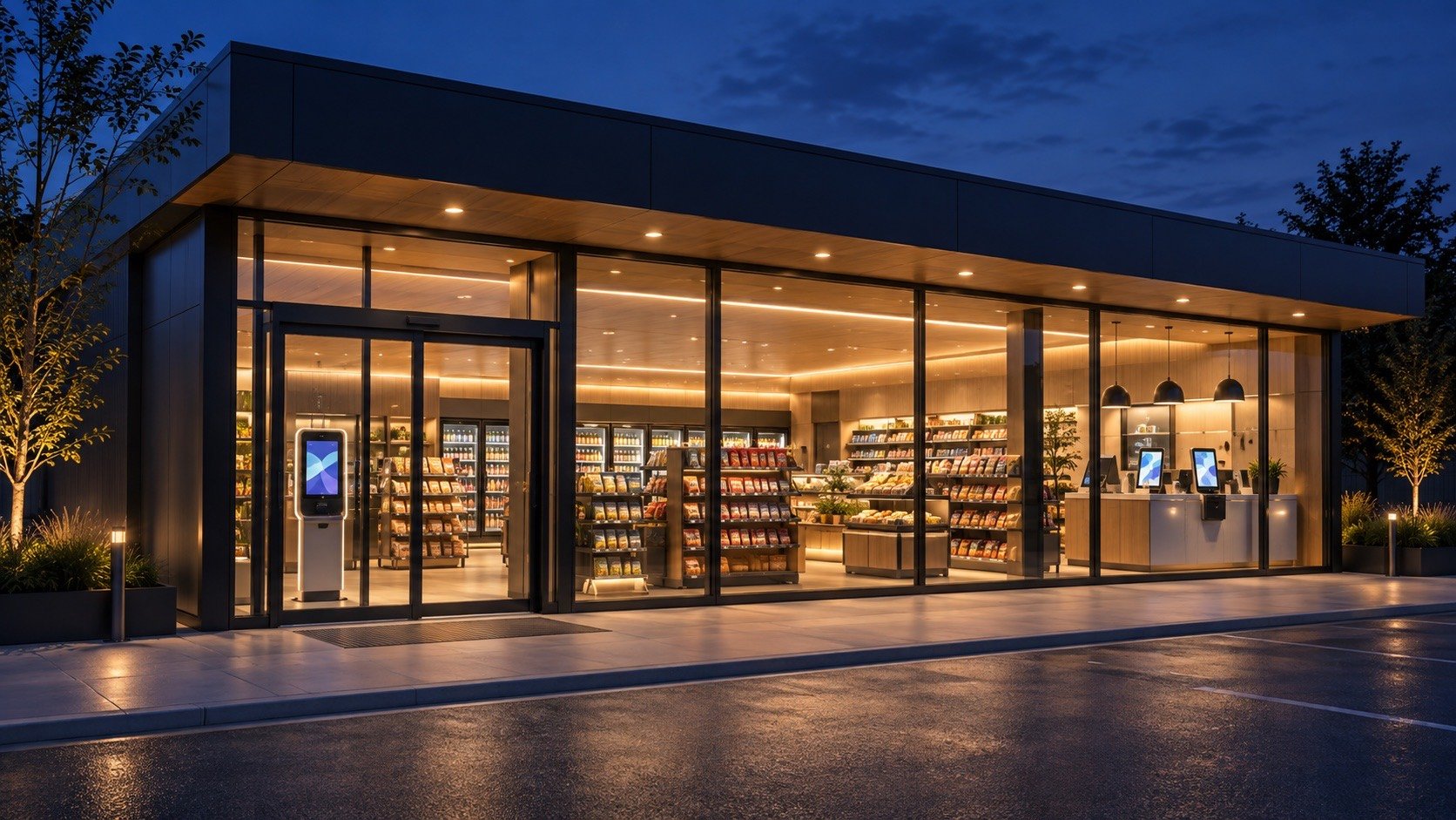 The same convenience store at night, with warm interior lighting.