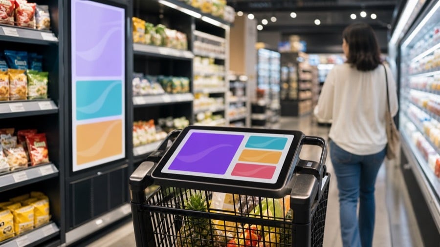 The same campaign playing on a cooler-door screen and a smart-cart tablet in a grocery aisle