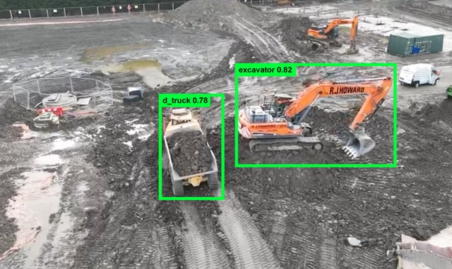 A jobsite viewed through the system: workers and plant on an active site, with live detection overlays drawn around them.