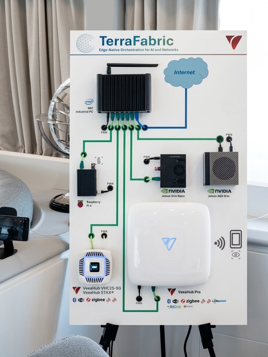 MWC hardware board showing VeeaHub coordinating AI accelerators, IoT devices, and edge infrastructure under the VeeaONE platform and TerraFabric orchestration.
