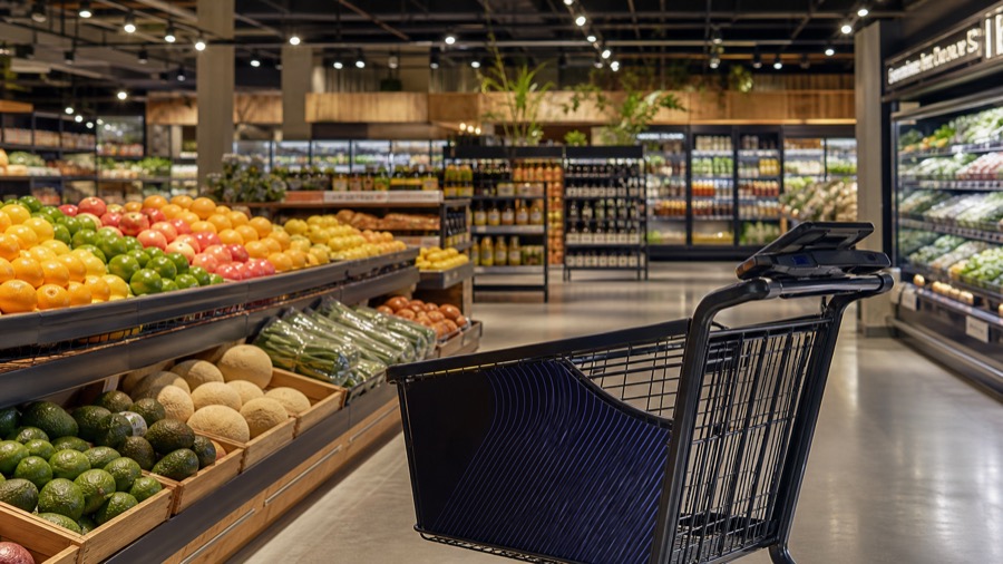 Modern grocery aisle with smart retail environment
