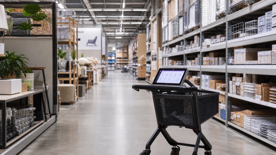 Large-format retail aisle with smart cart