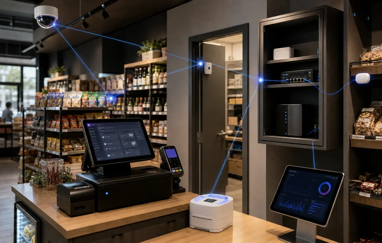 A store counter where the POS, card terminal and camera connect through one VeeaHub